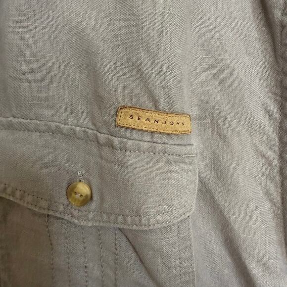 Sean John Mens Button Shirt Linen Cotton Beige 2XL Short Sleeve Front Pockets - Picture 4 of 5